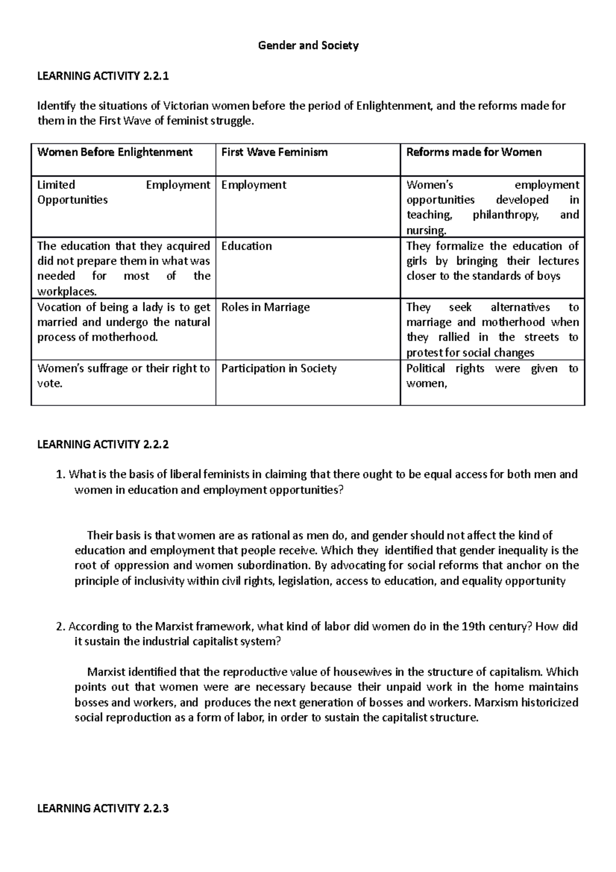 Activity part 2 Feminism - Gender and Society LEARNING ACTIVITY 2 ...