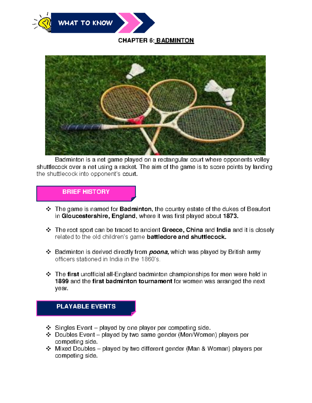 Chapter 6 History AND Equipments in Badminton CHAPTER 6 BADMINTON