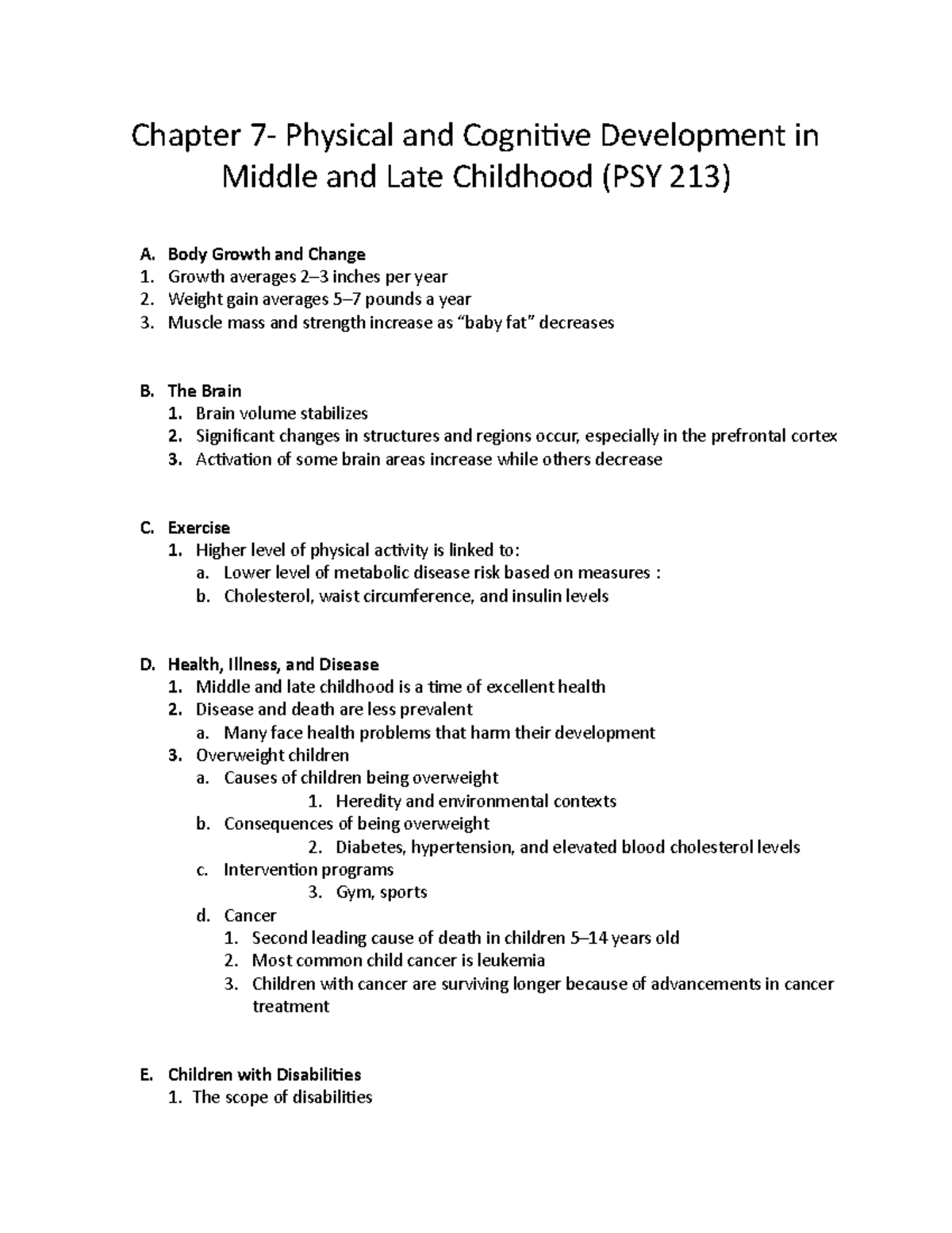 Chapter 7 psy 213 - Lecture notes 7 - Chapter Physical and Cognitive ...
