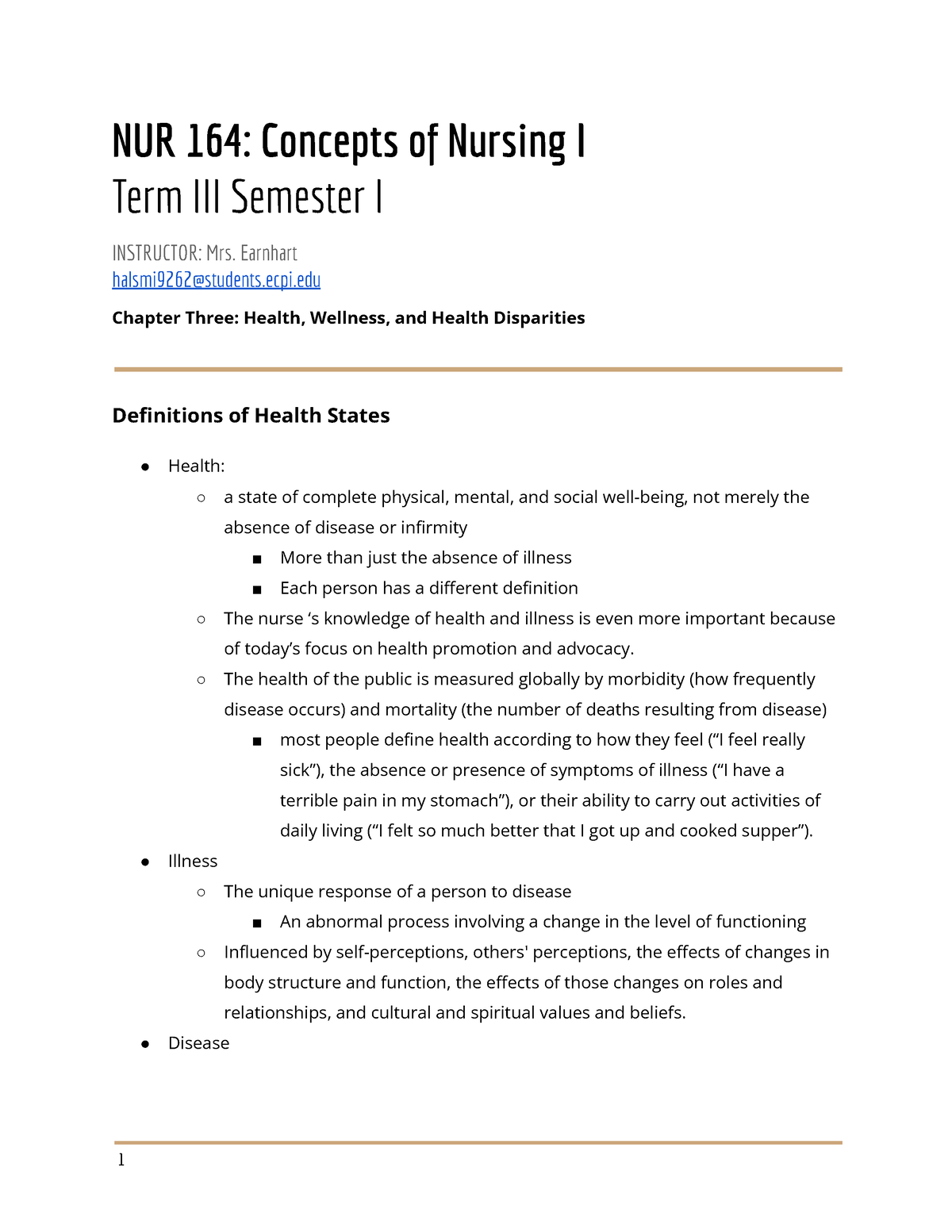 NUR 164 Chapter 3 Notes - NUR 164: Concepts of Nursing I Term III ...