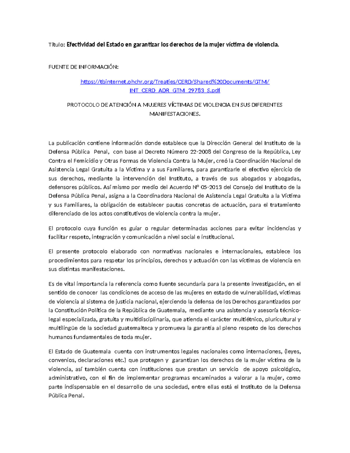 Ejemplo de resumen de fuente de información - Título: Efectividad del ...