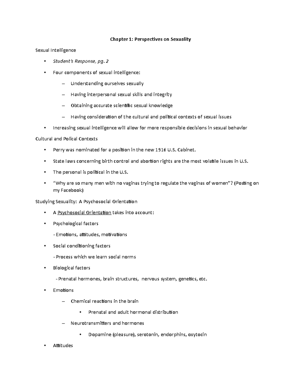 Chapter 1 notes - ch 1 - Chapter 1: Perspectives on Sexuality Sexual ...
