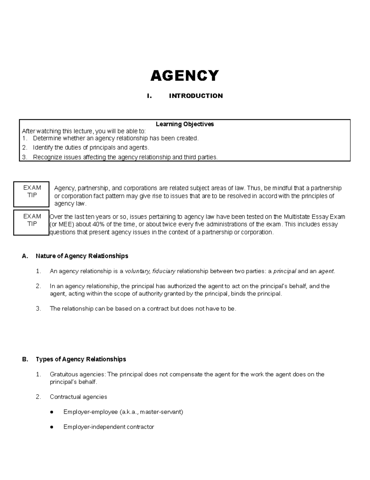 MEE Agency outline - AGENCY I. INTRODUCTION Learning Objectives After ...
