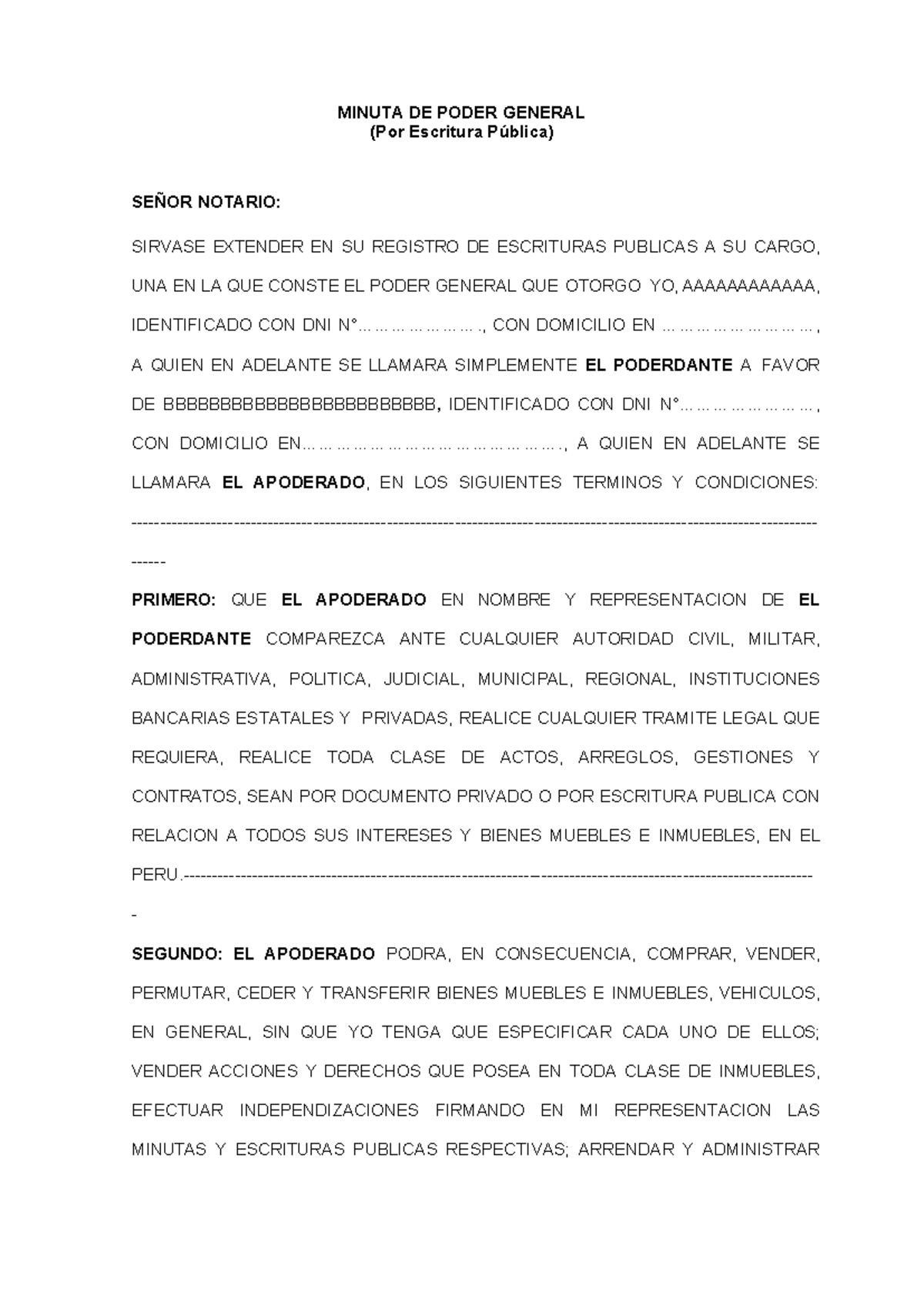 Modelo DE Poder General POR Escritura Pública - MINUTA DE PODER GENERAL ...