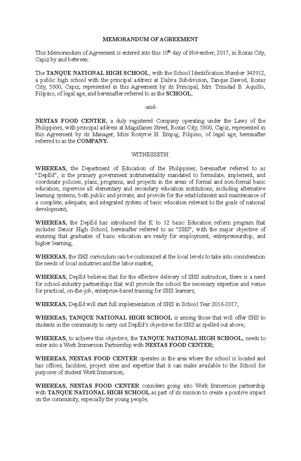 Memorandum OF Agreement FOR Nestas - MEMORANDUM OF AGREEMENT This ...