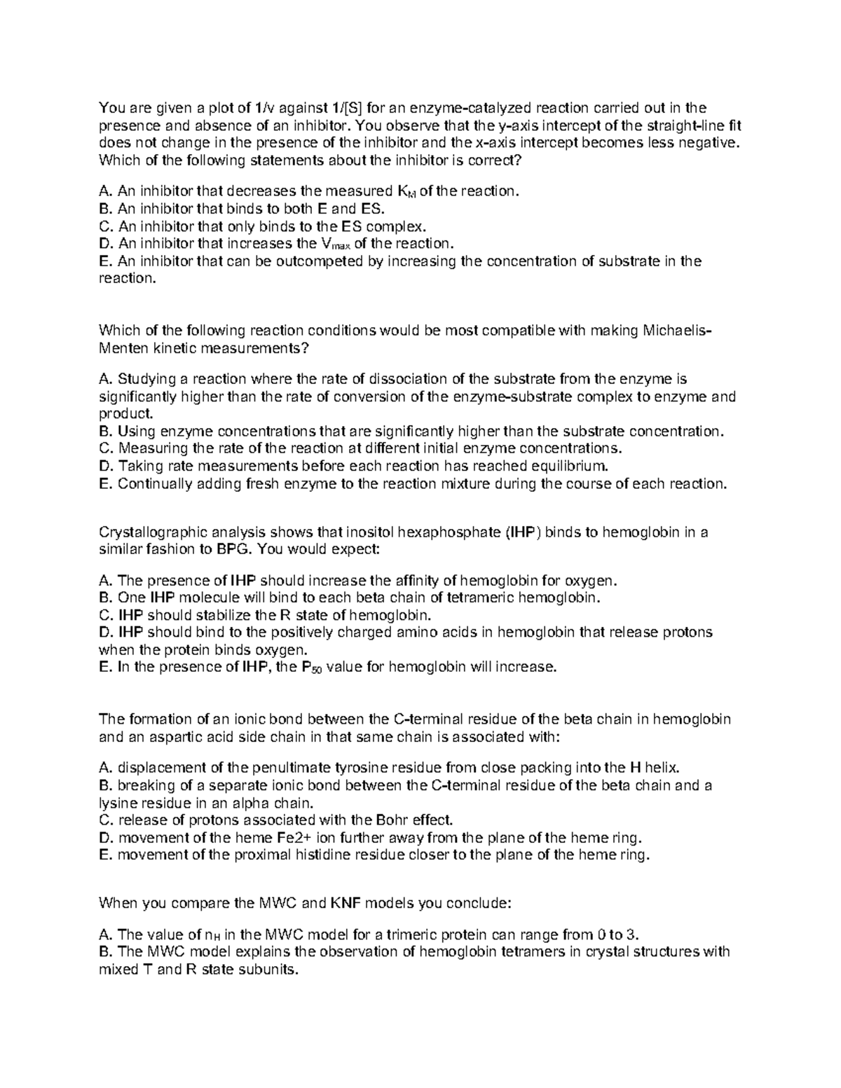 BIO361 Midterm 2 Practice Questions 2019 - You are given a plot of 1/v ...