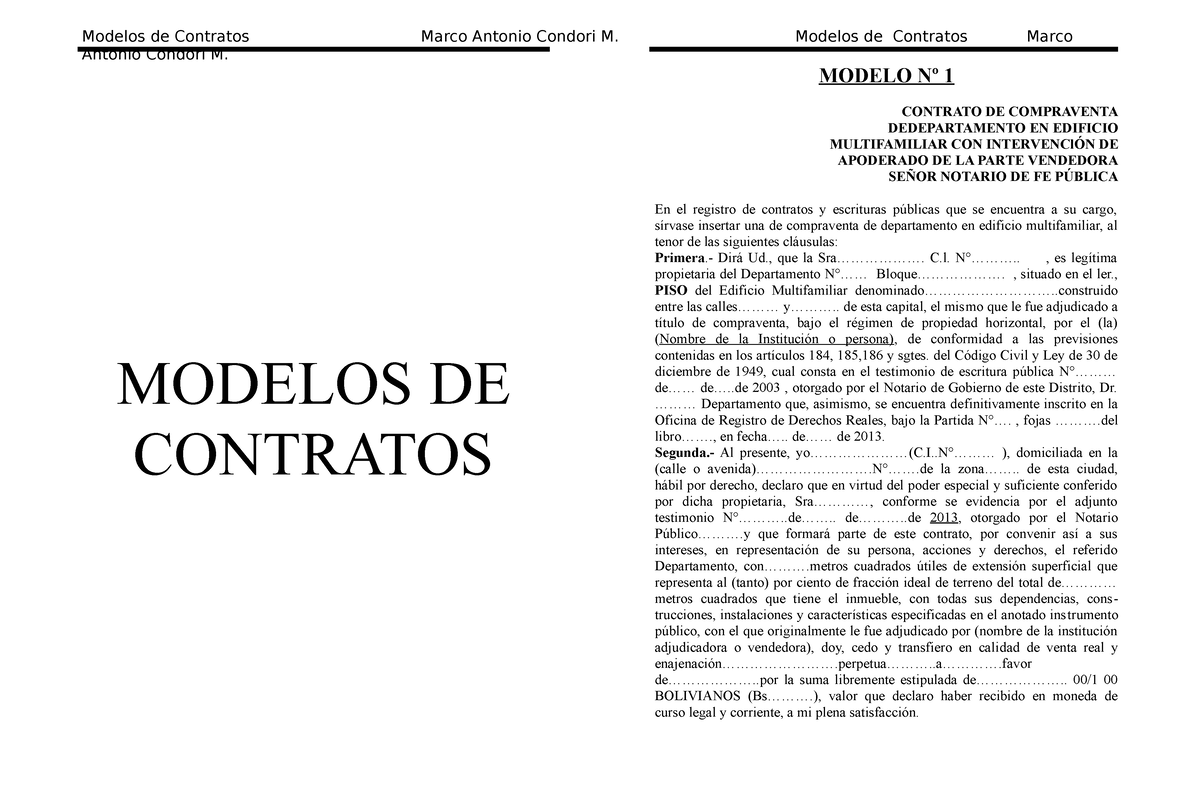 Modelos De Contratos Marco Antonio Antonio Condori M Modelos De Contratos Modelo Nº 1 0041