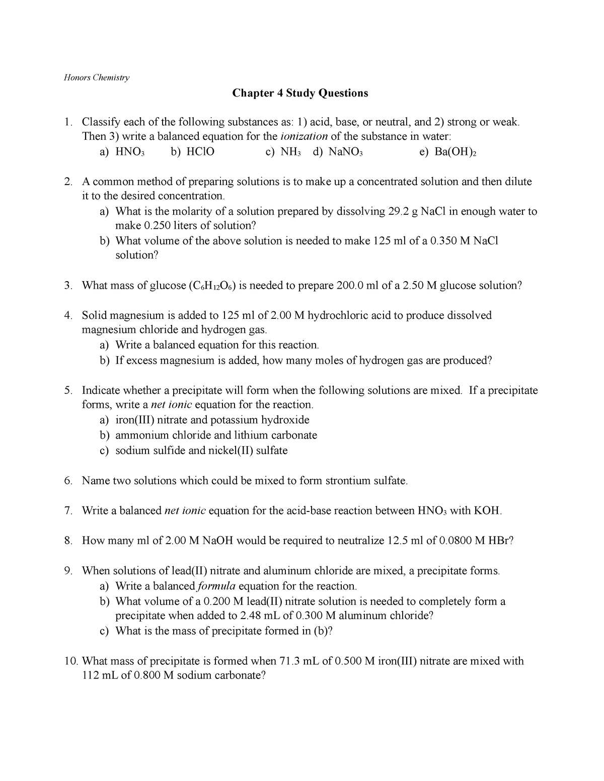 Hc Chapter 4 Study Questions - Honors Chemistry Chapter 4 Study ...