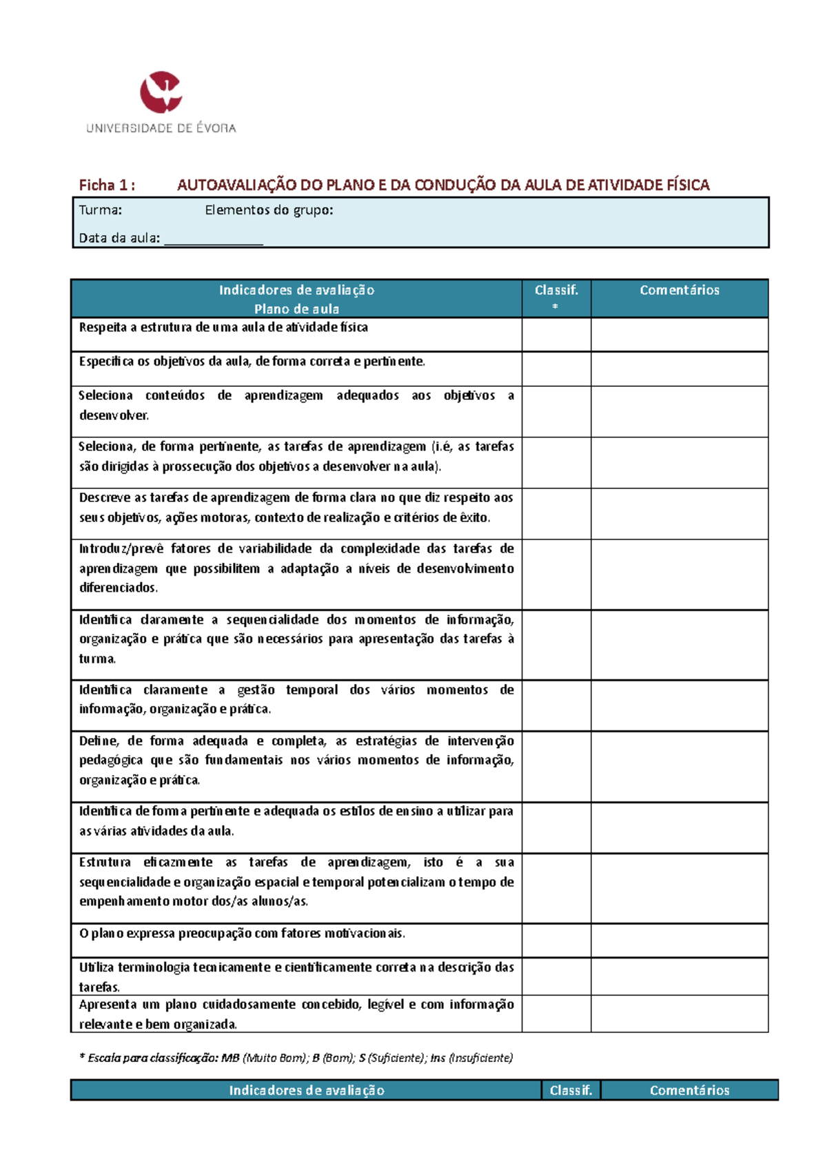 Ficha de autoavaliação online exercise for