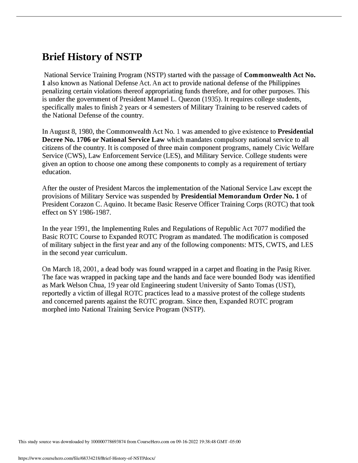 Brief History Of NSTP - Brief History Of NSTP National Service Training ...