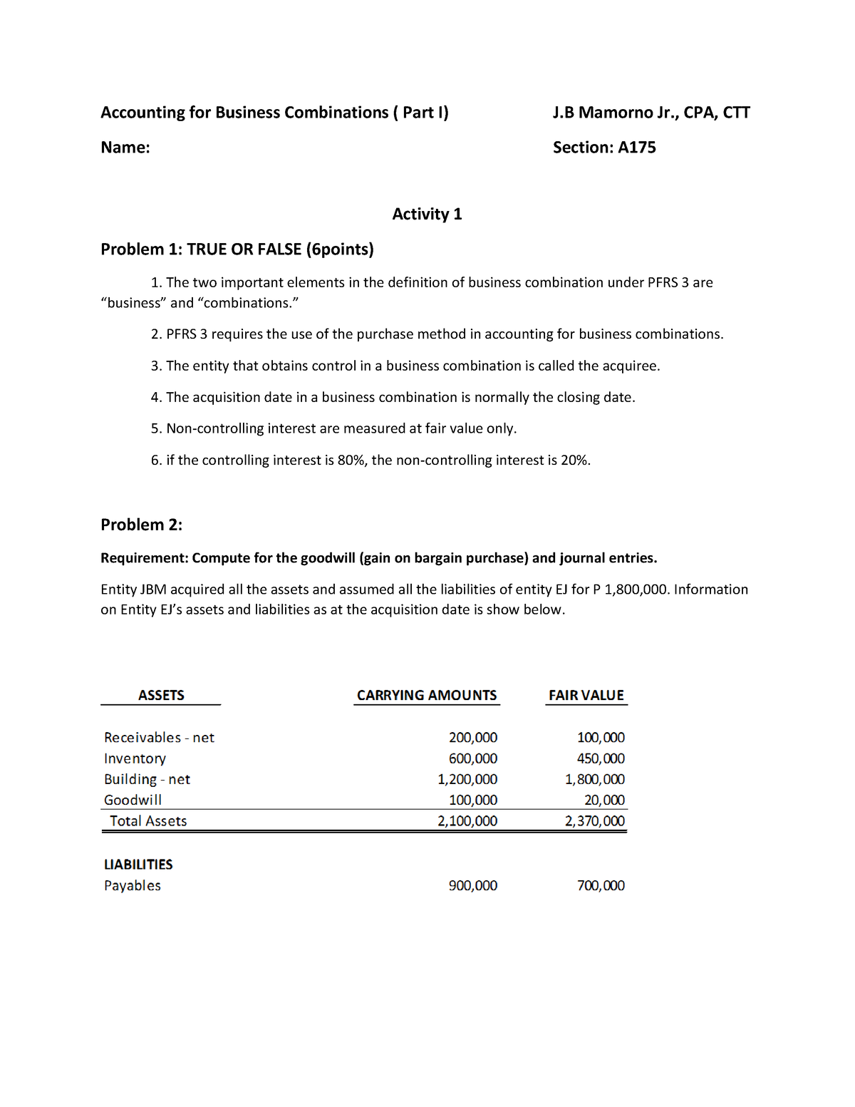 Accounting for Business Combinations Activity 1 converted - Accounting ...