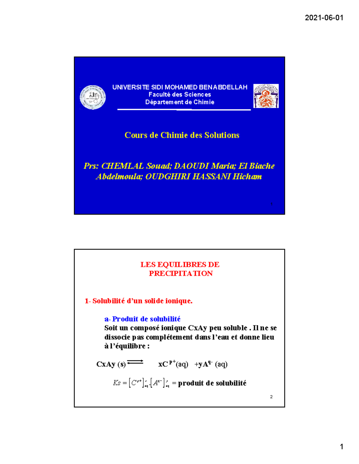 Chapitre 3 Chimie De Solution - 1 UNIVERSITE SIDI MOHAMED BEN ABDELLAH ...