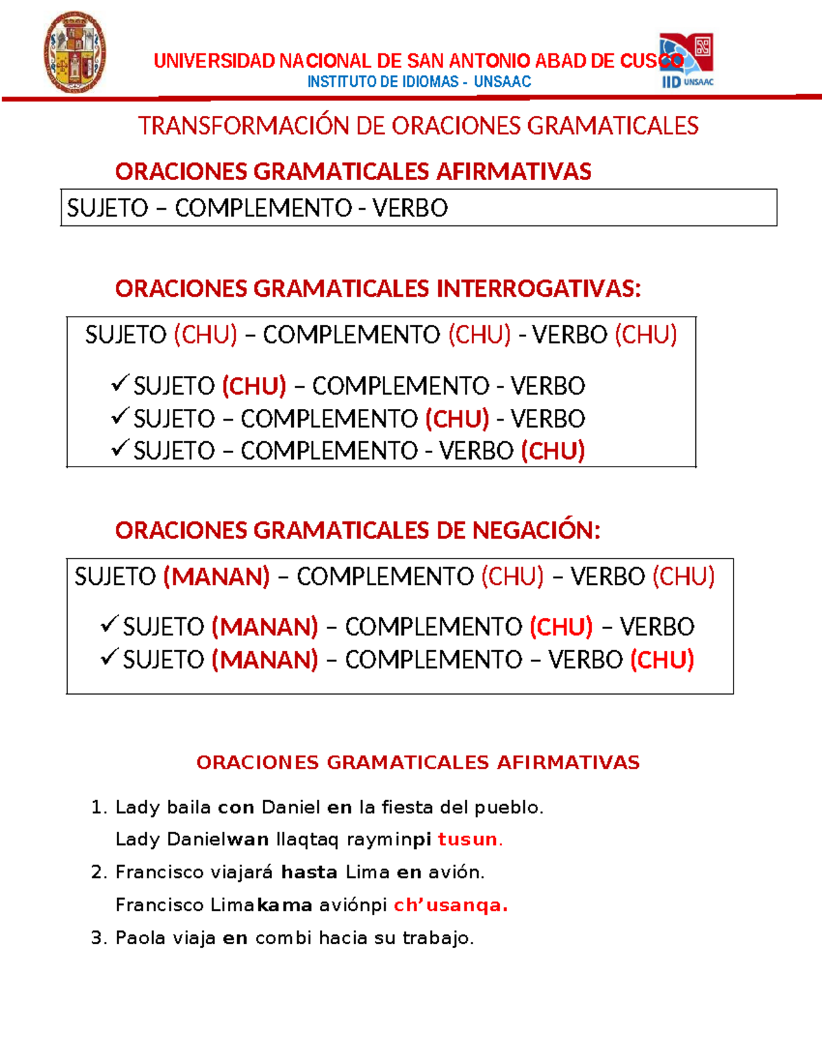 Transformación DE Oraciones Gramaticales completo - INSTITUTO DE ...
