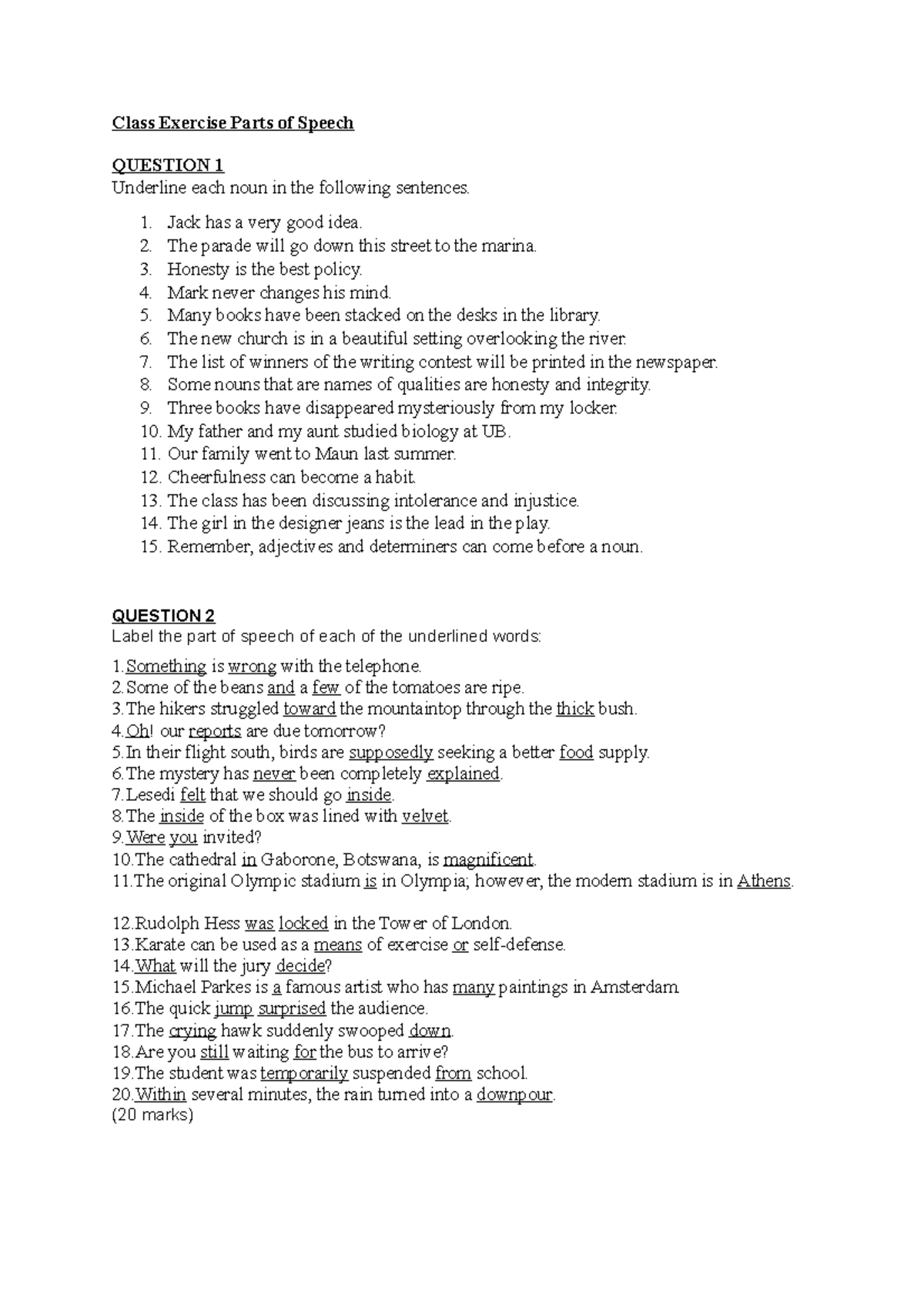 Exercise Parts Of Speech Class Exercise Parts Of Speech QUESTION 1
