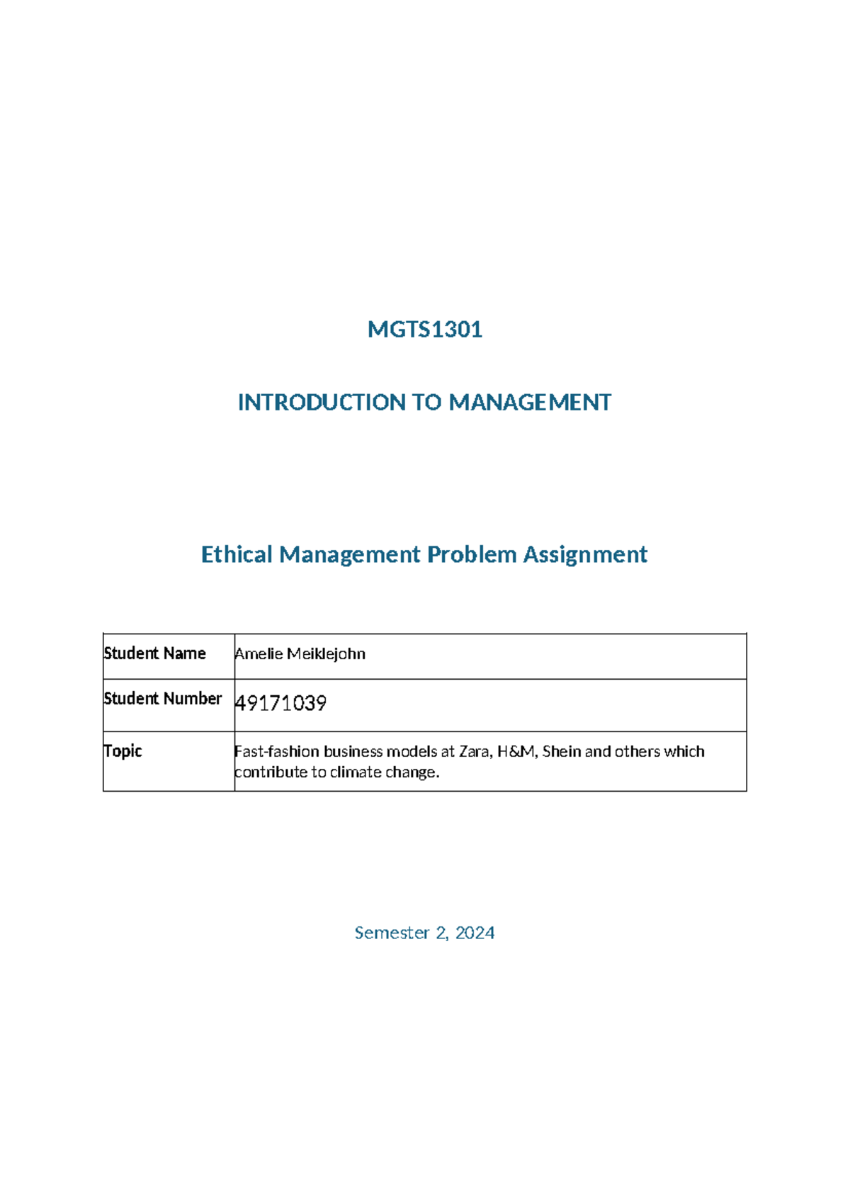 Ethical Management Problem S2 2024 Template - MGTS INTRODUCTION TO ...