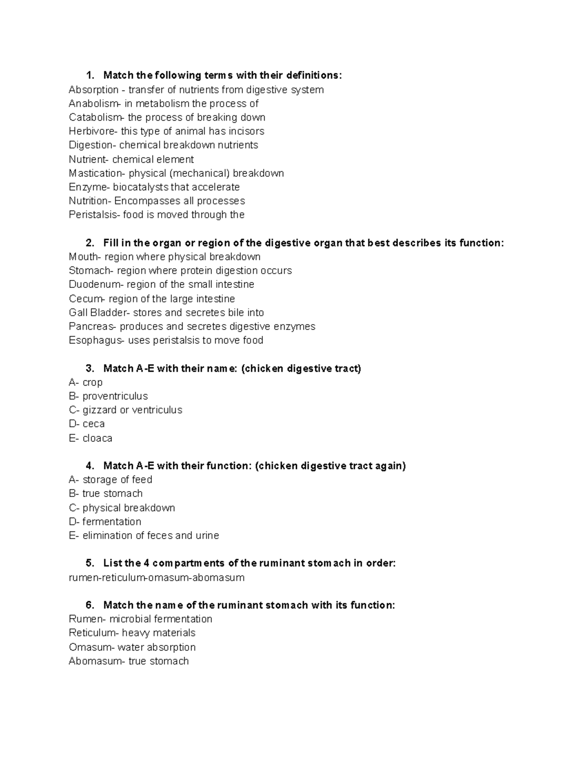 Nutrition Exam 1 Study Guide - Match The Following Terms With Their ...