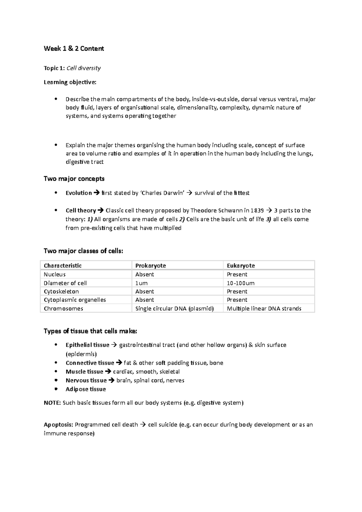 MEDS1001 (from cell diversity to muscle) - Week 1 & 2 Content Topic 1 ...