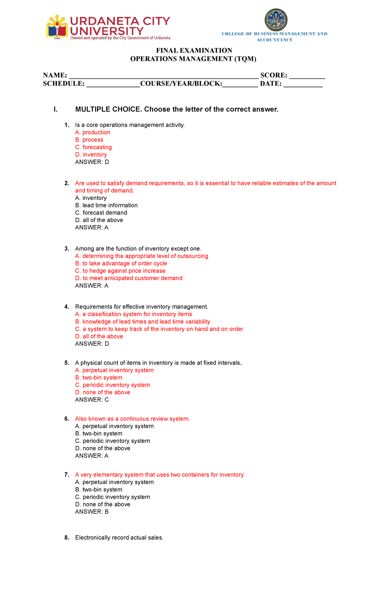 Operations Management review questionnaires FINAL EXAMINATION