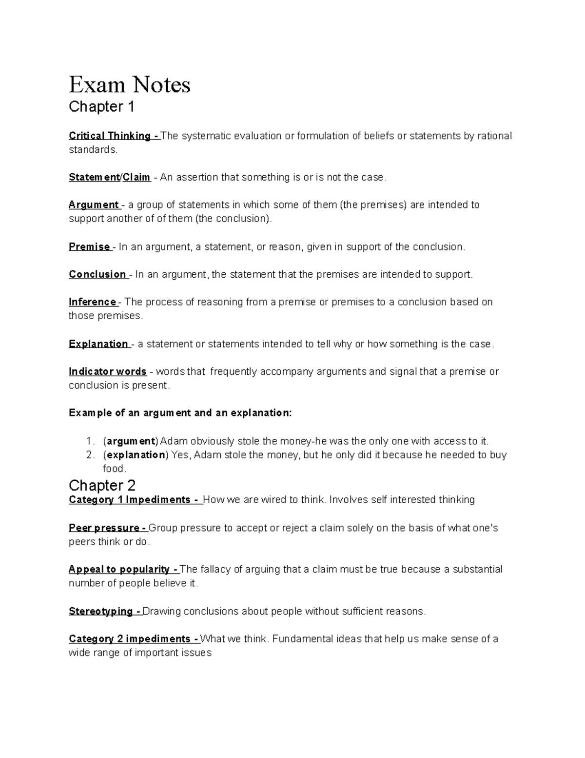 PHL 214 - exam 1 - g. toop - Exam Notes Chapter 1 Critical Thinking ...