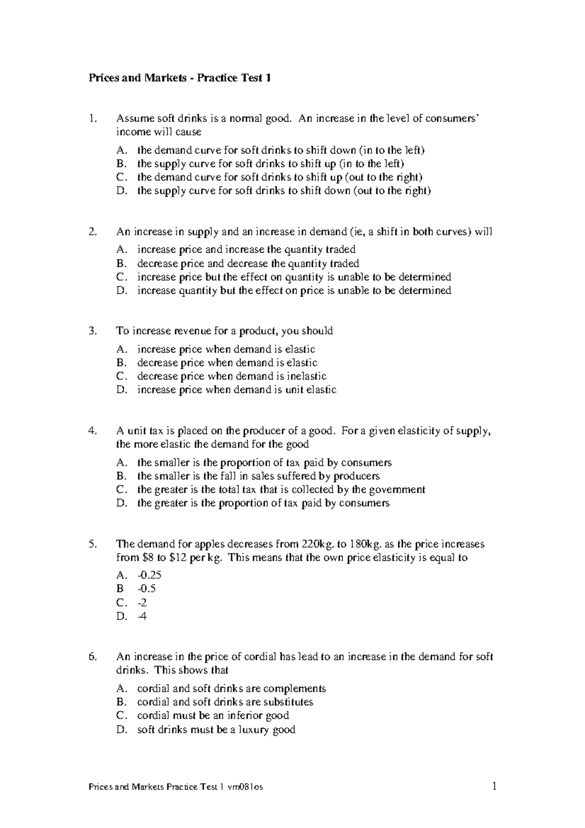 Sample/practice exam 2010, questions and answers - Prices and Markets ...