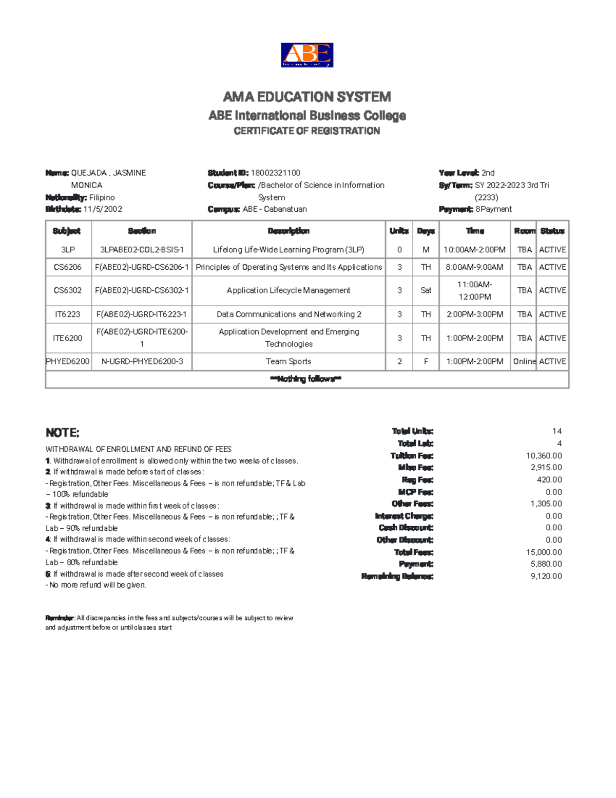 Student Assesment - Ajajajsjsmmw - AMA EDUCATION SYSTEM ABE ...