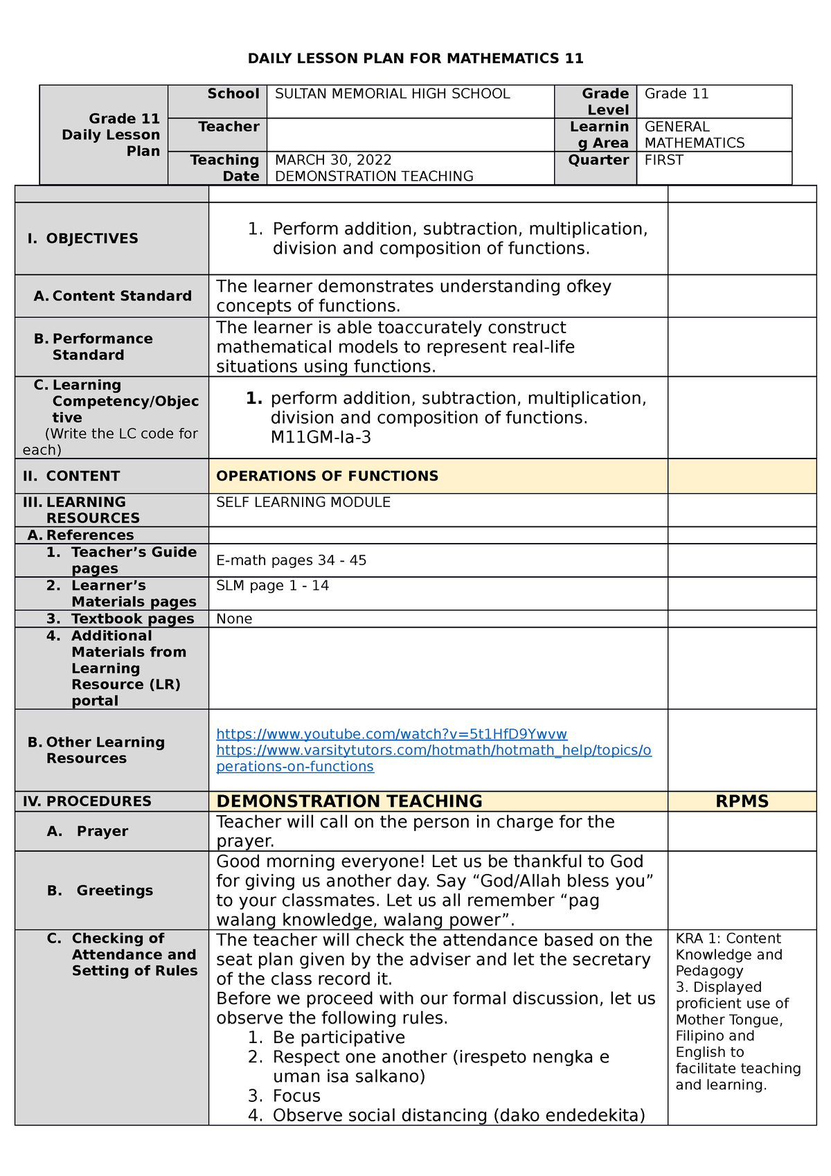 DLL-COT-1 - DLL - DAILY LESSON PLAN FOR MATHEMATICS 11 Grade 11 Daily ...