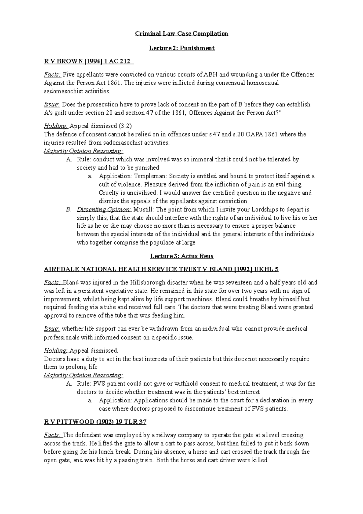 Criminal Law Case Law Notes - Lecture 2: Punishment R V BROWN [1994] 1 ...