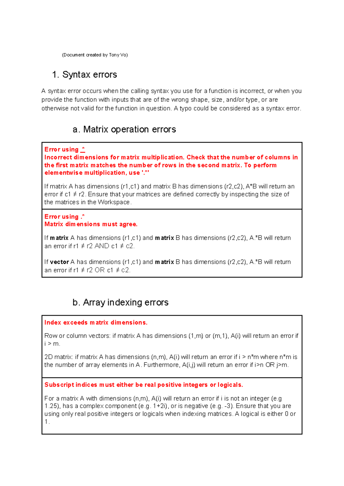 Matlab common errors guide - (Document created by Tony Vo) 1. Syntax ...