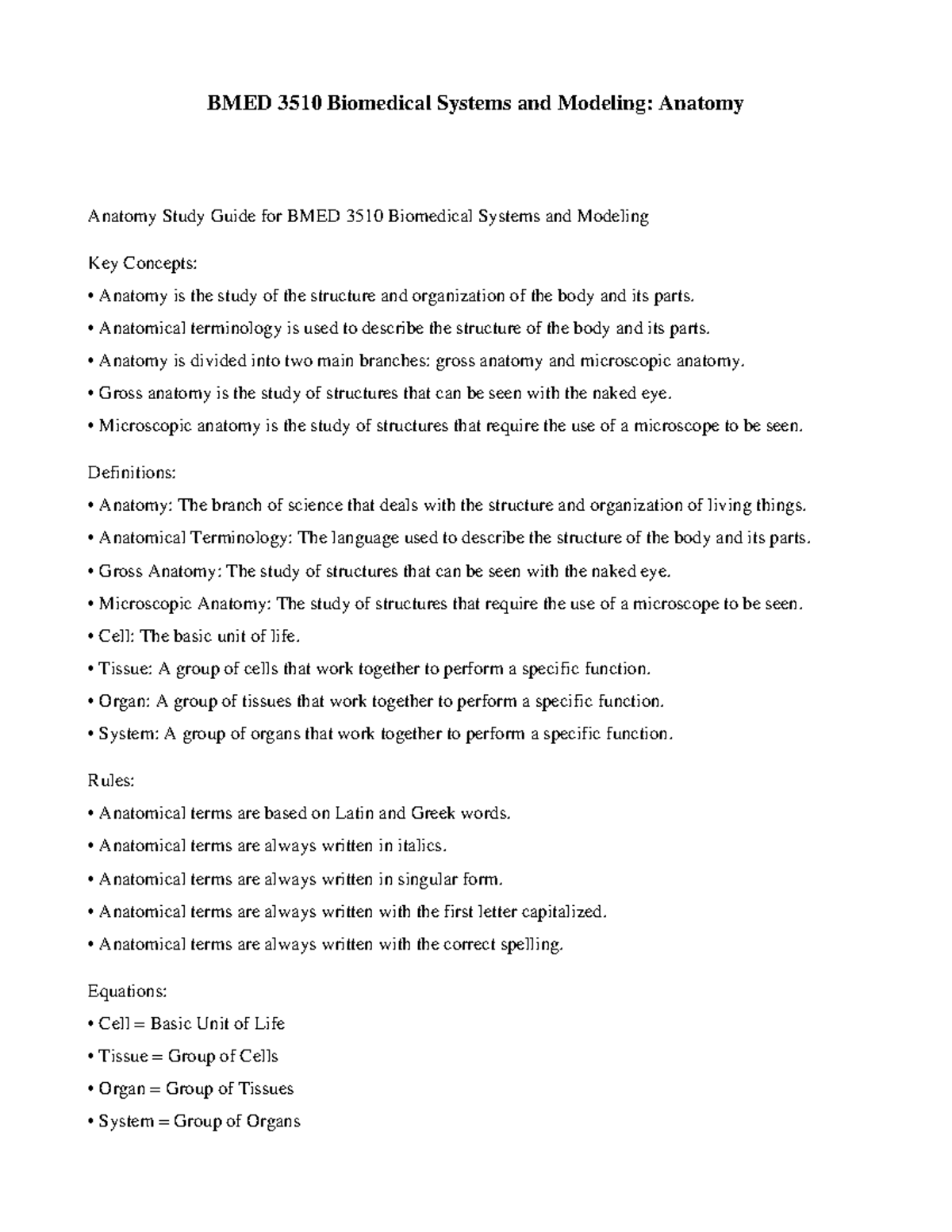 Biomedical Systems and Modeling - Anatomy-Notes - BMED 3510 Biomedical ...