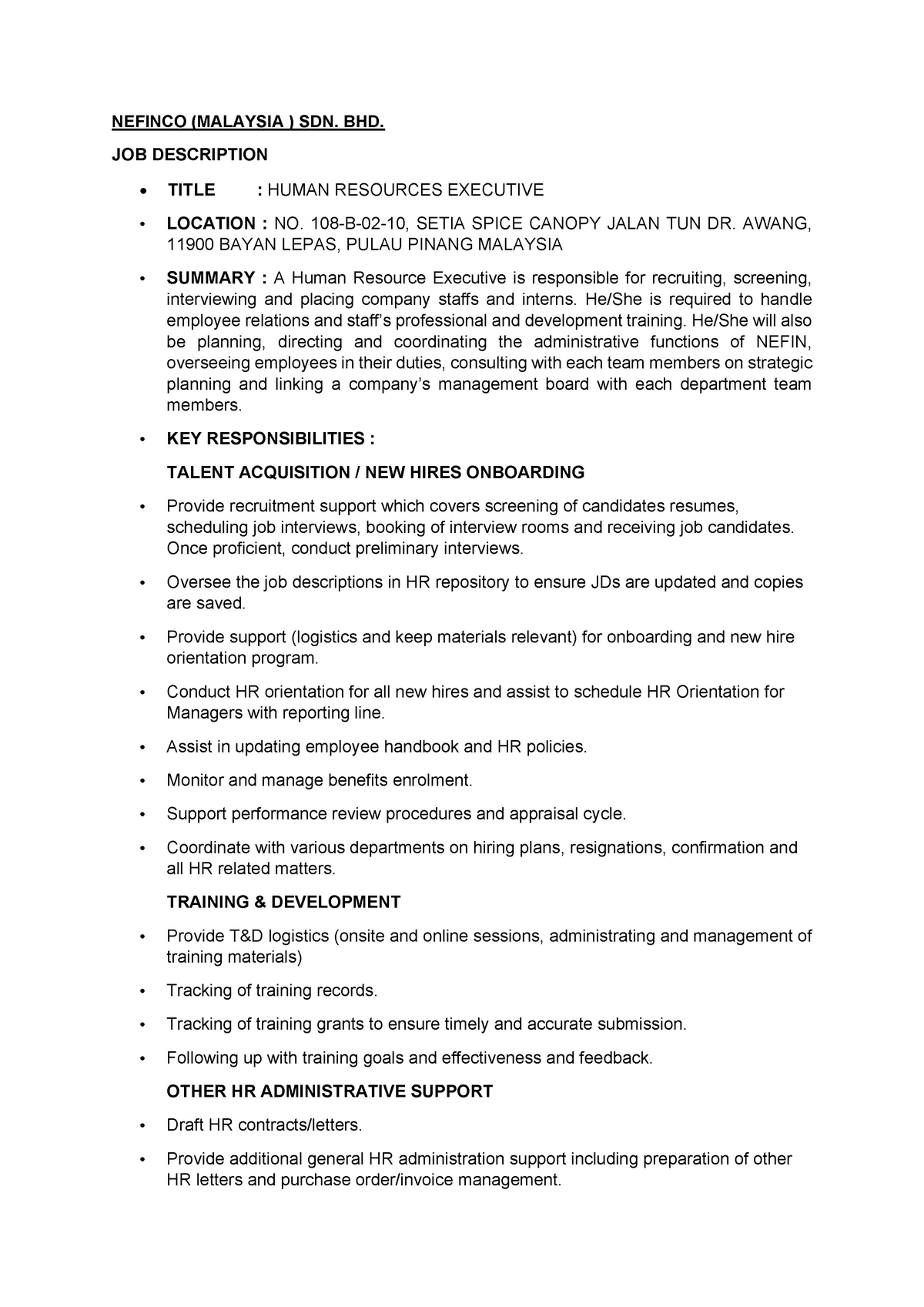 (271021) Activity I - NEFINCO (MALAYSIA ) SDN. BHD. JOB DESCRIPTION ...