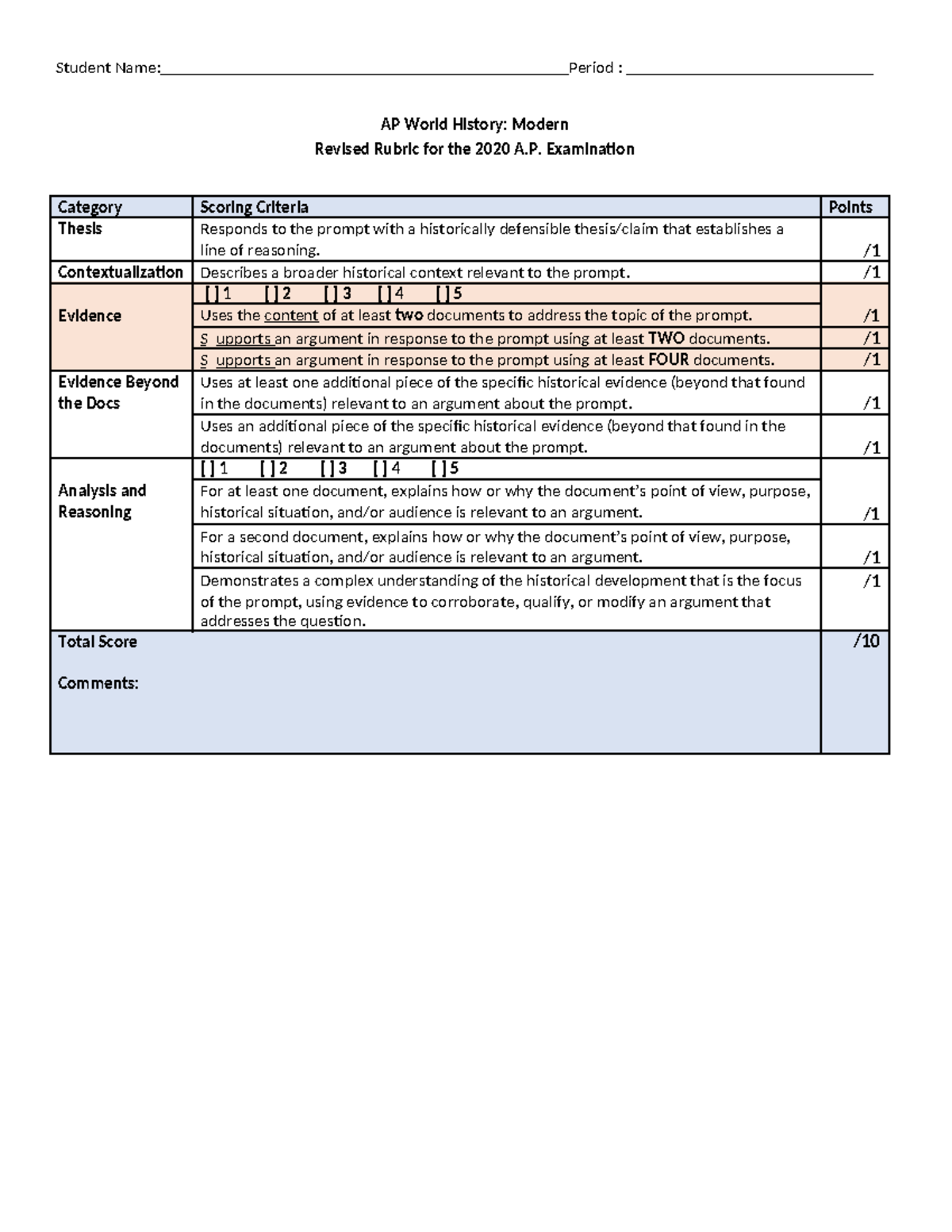 Final Adapted DBQ Rubric Student Name Period AP World History