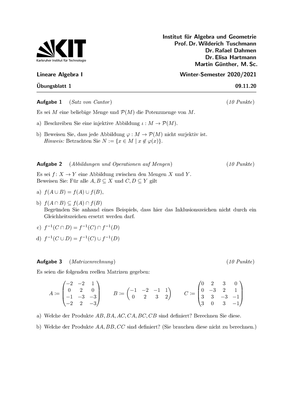 Lineare Algebra 1 Blatt 1 WS 20/21 - Institut F ̈ur Algebra Und ...