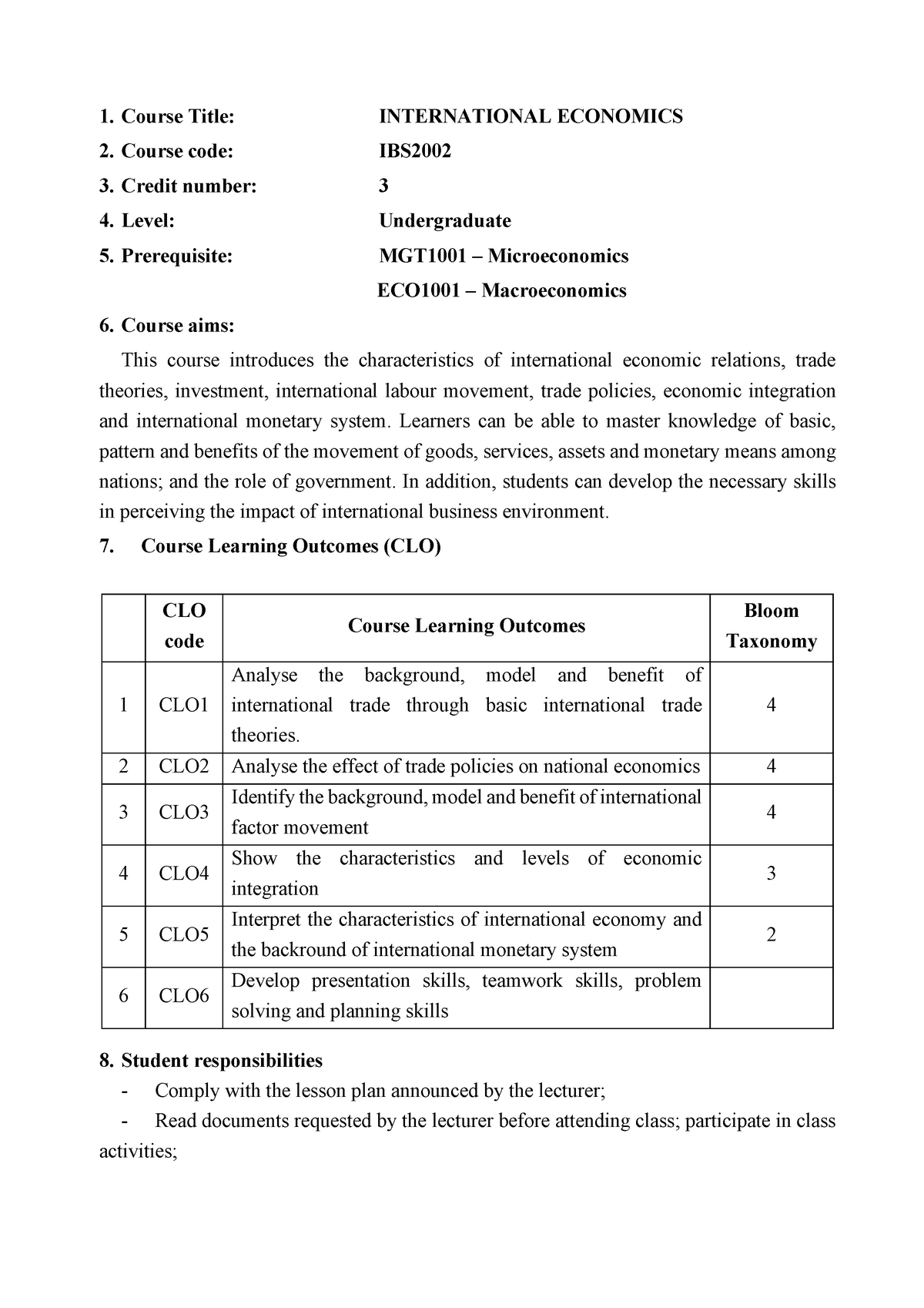 Syllabus Of International Business 1 Course Title INTERNATIONAL 