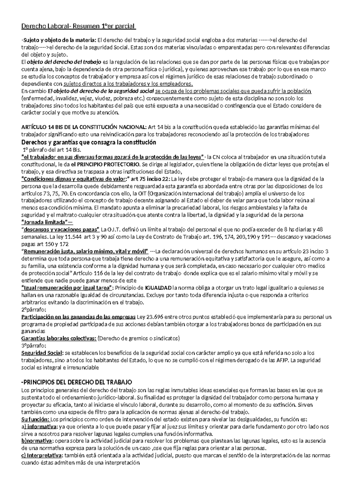 Derecho Laboral resumen primer parcial - Derecho Laboral- Resumen 1°er ...