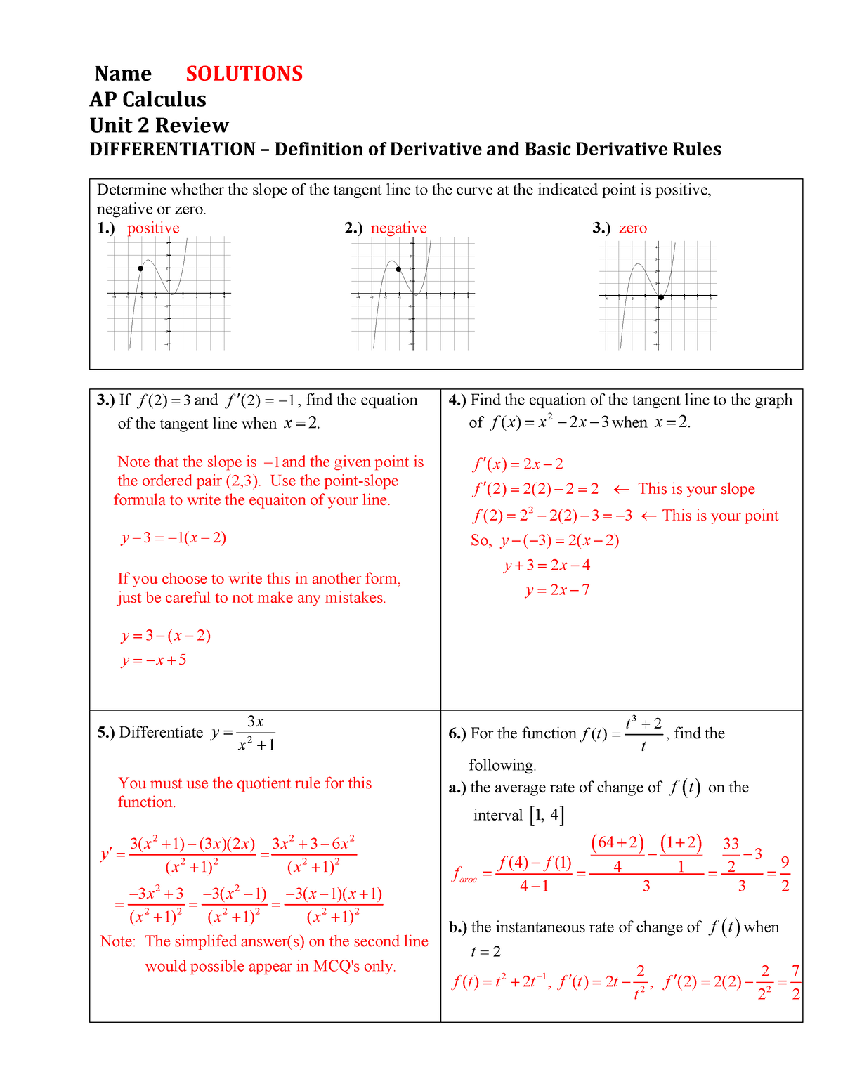 Unit 2 Review 2.1-2.10 AP Solutions - Name SOLUTIONS AP Calculus Unit 2 ...