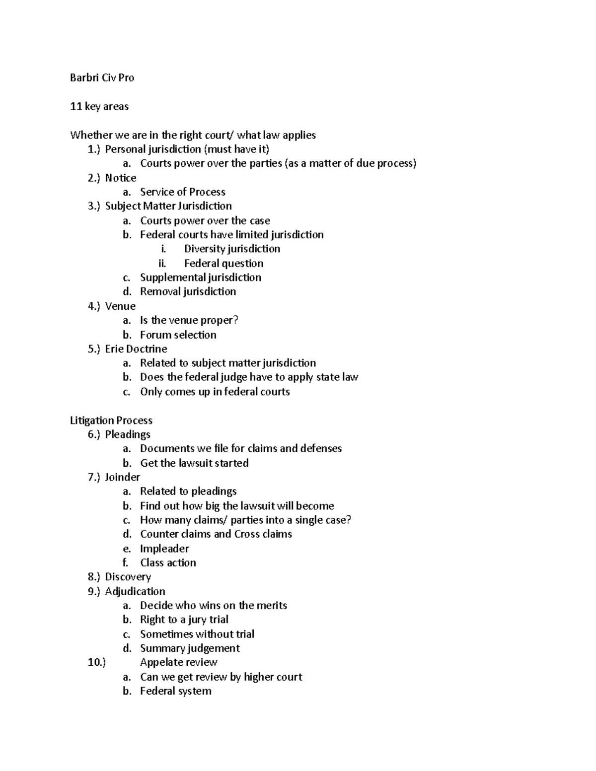 Barbri Civ Pro - Notes from Course - Barbri Civ Pro 11 key areas ...