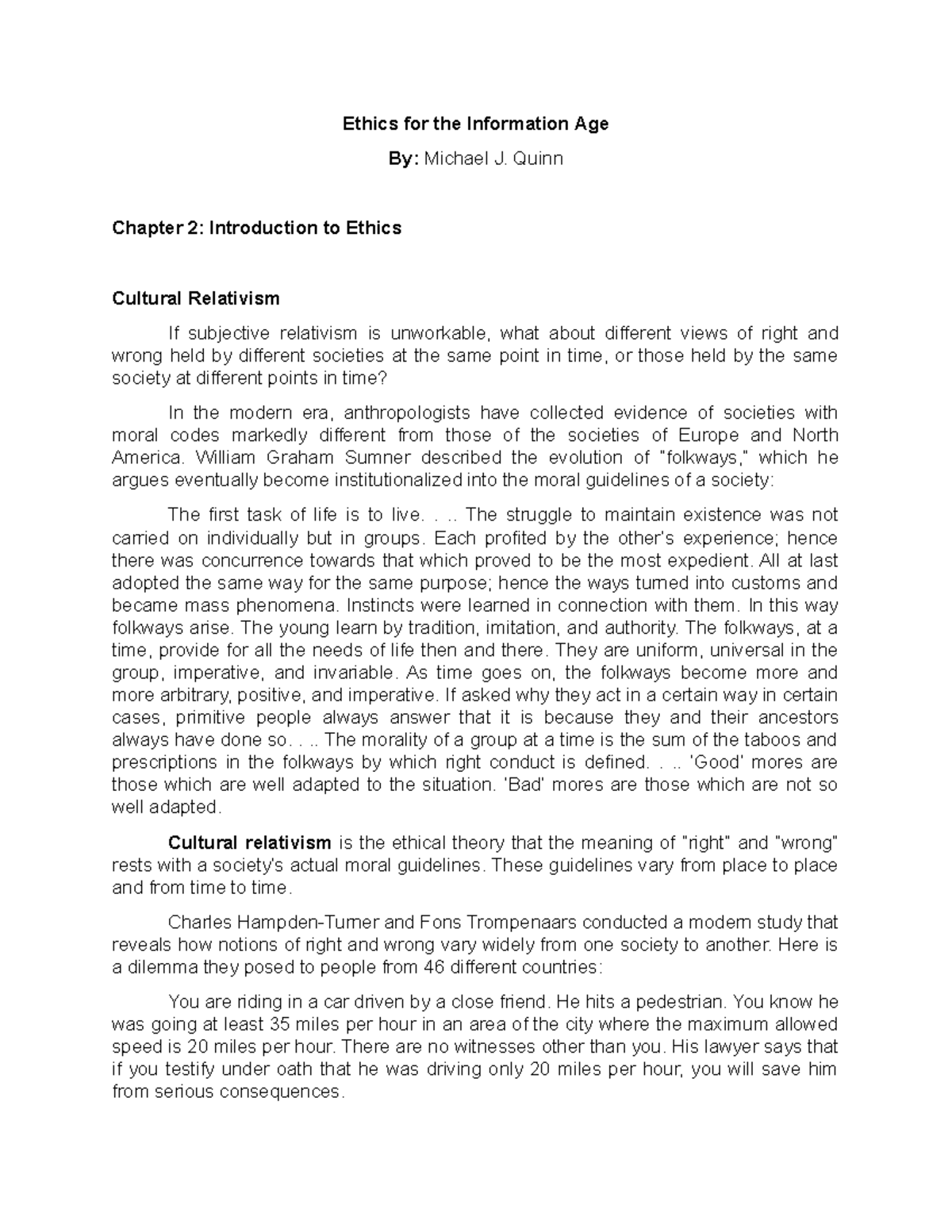 Chapter 2 Introduction to Ethics Cultural Relativism - Ethics for the ...