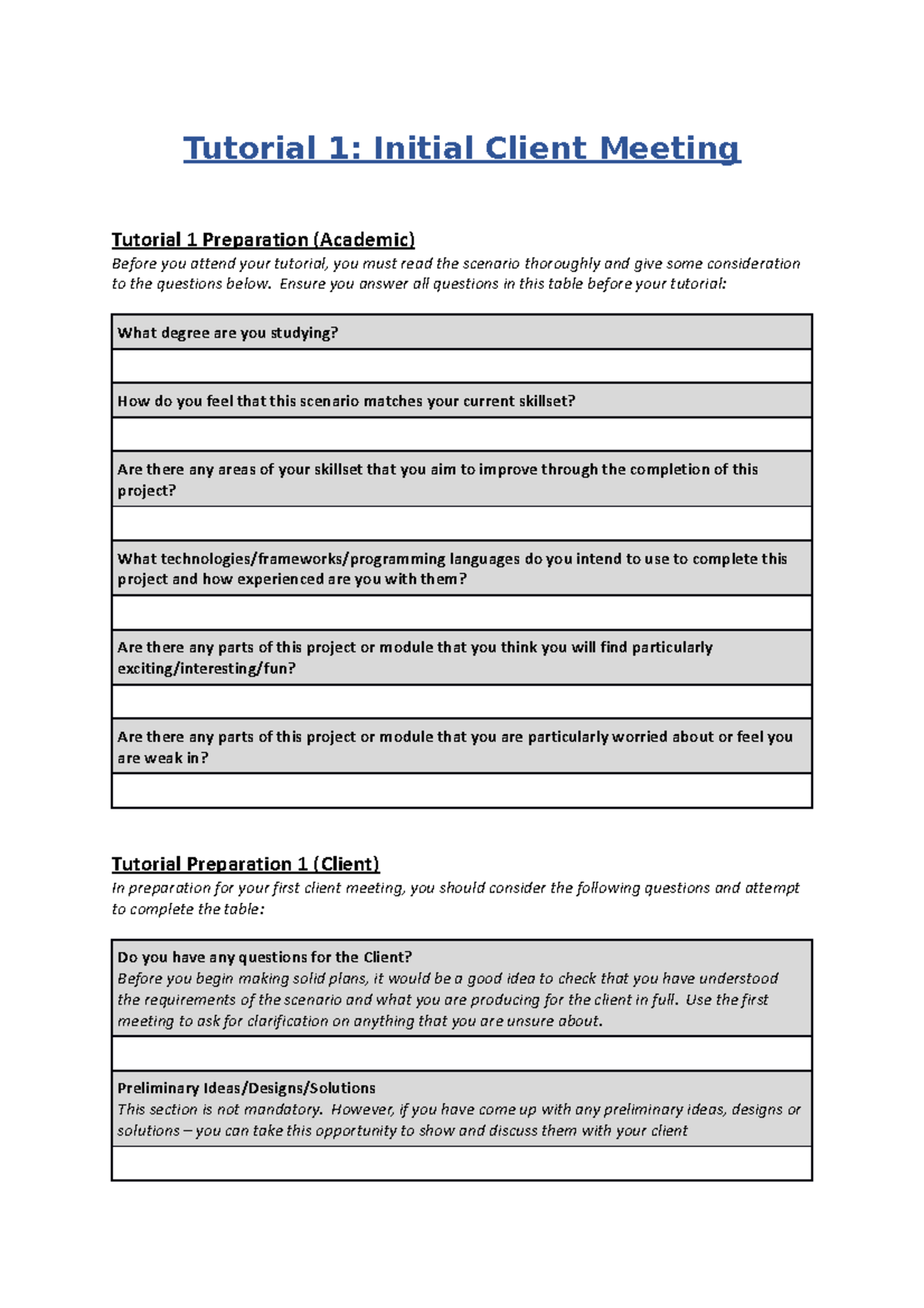 CET333 Tutorial 1 Template - Tutorial 1: Initial Client Meeting ...