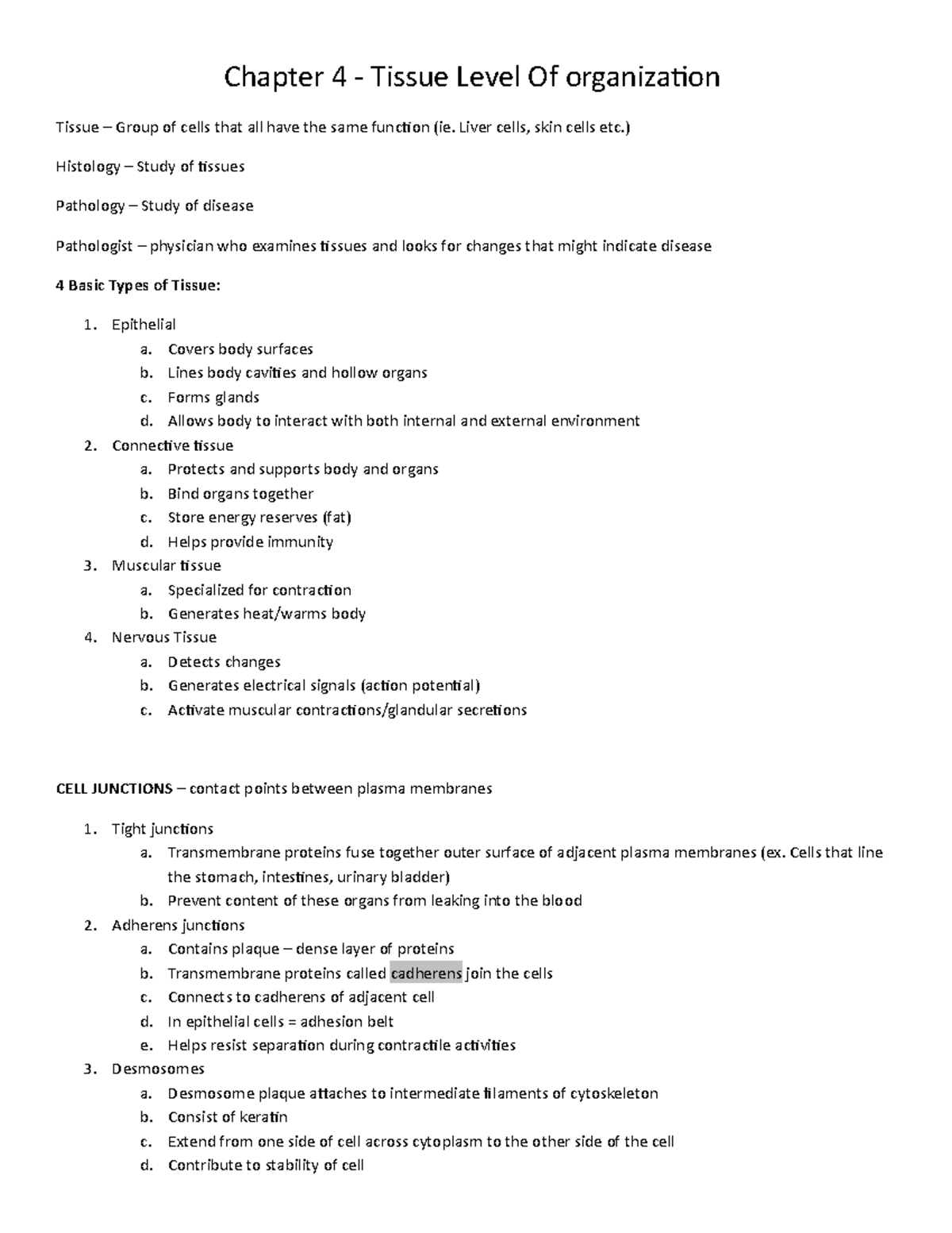 Bio235 Typed Notes Chapter 4 - Chapter 4 - Tissue Level Of organization ...