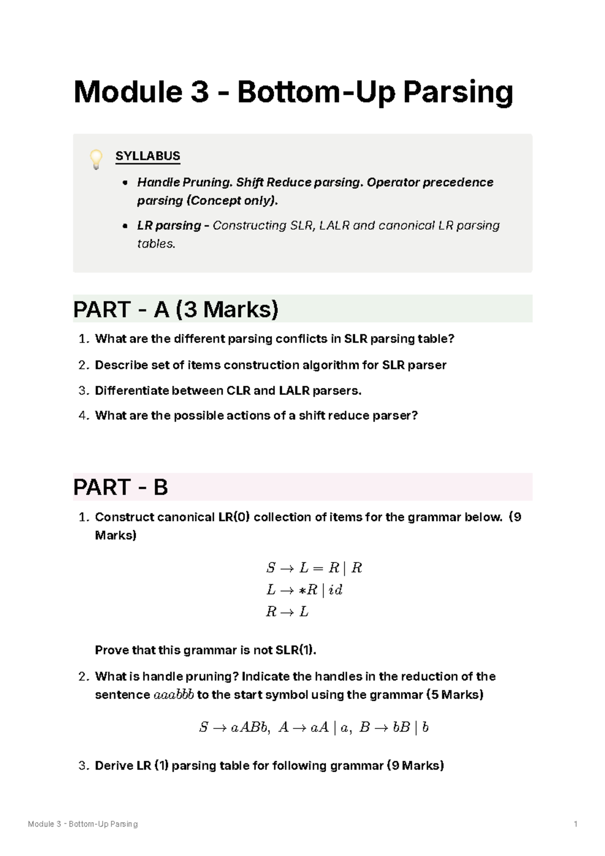 Module 3 - Bottom-Up Parsing - Module 3 Bottom-Up Parsing 1 Module 3 ...