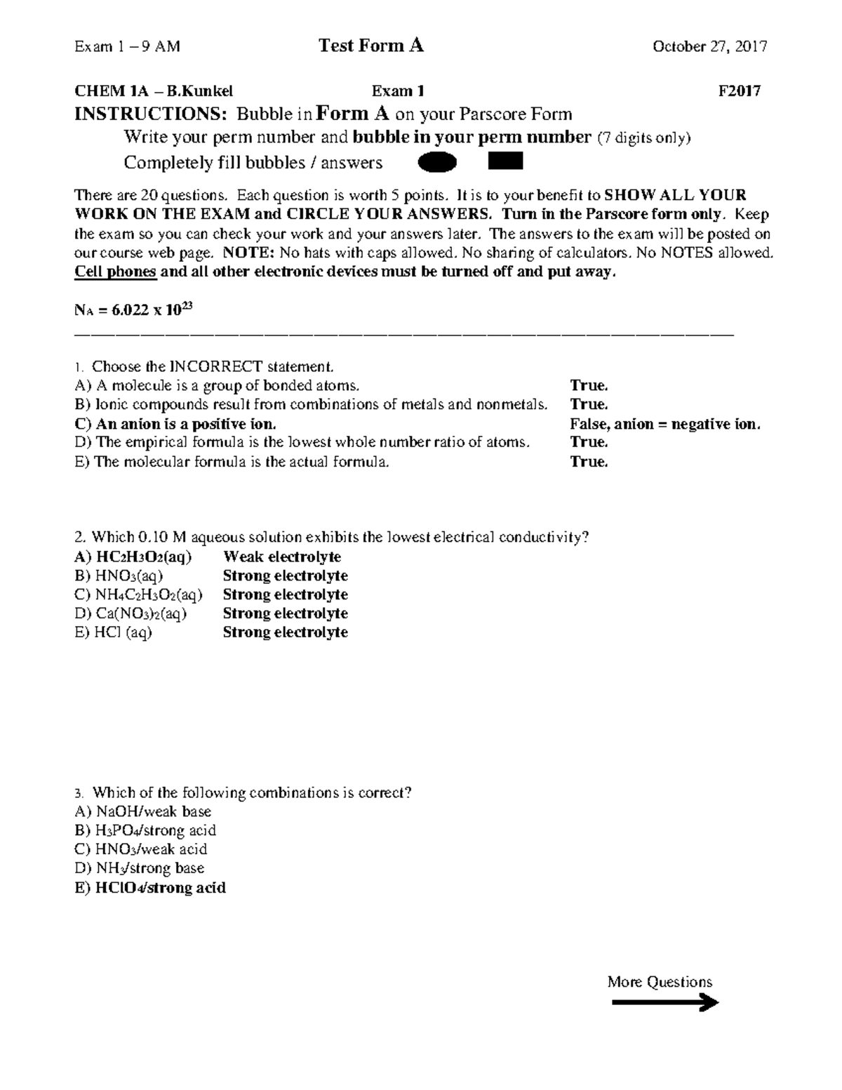 CHEM 1A Exam 1 Fall 2017 9AM Solutions - CHEM 1A – B Exam 1 F ...