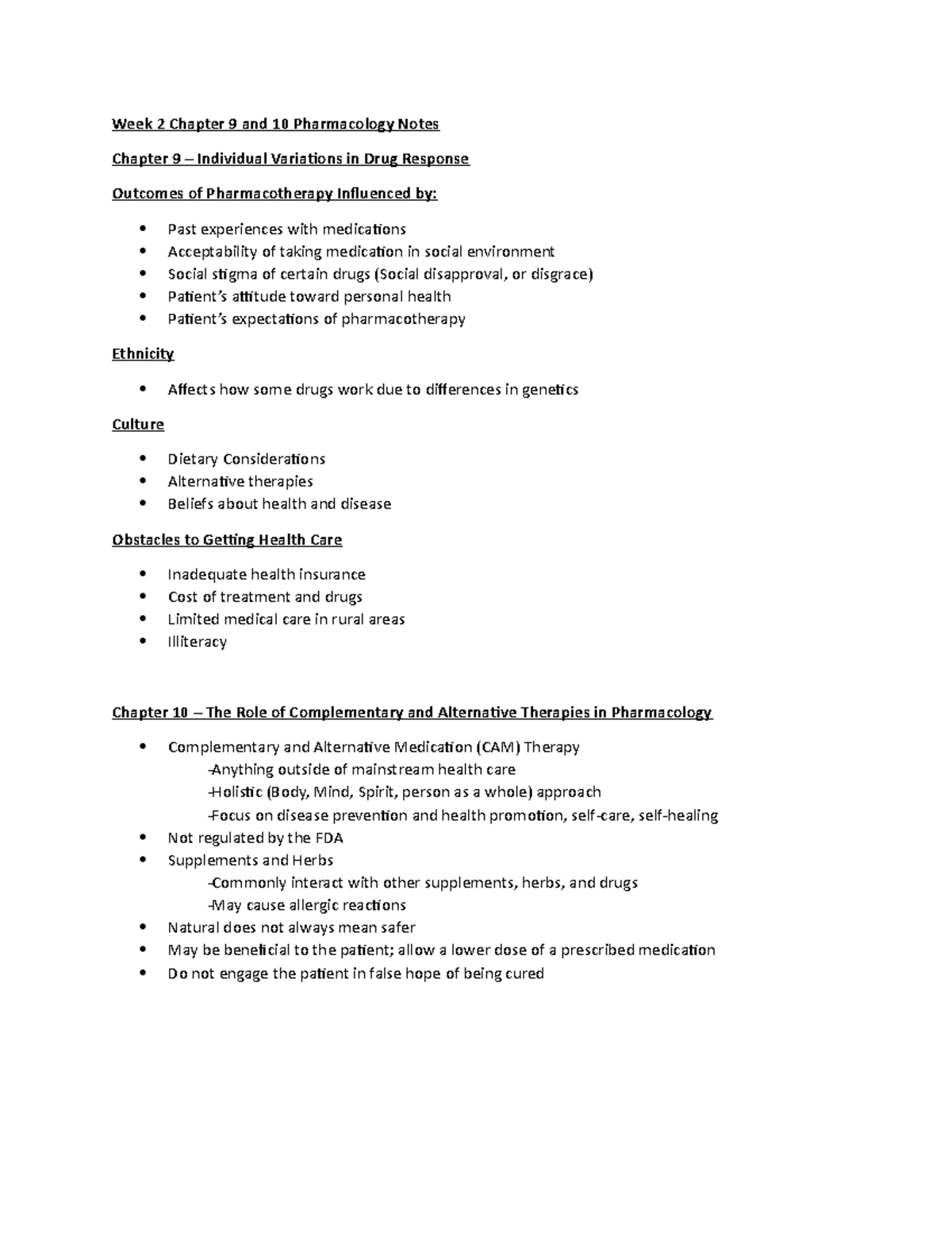 Week 2 Chapter 9 and 10 Pharmacology Notes (Shortened) - Studocu