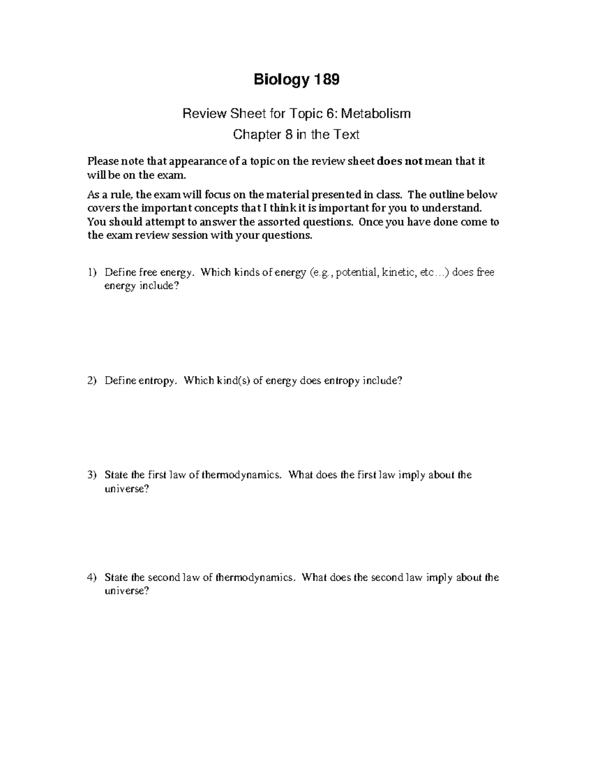 Study Guide Chapter 8 - Biology 189 Review Sheet for Topic 6 ...