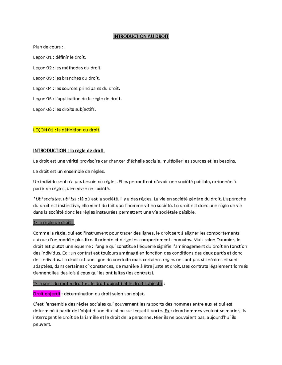 Introduction AU Droit (1)[486] - INTRODUCTION AU DROIT Plan de cours ...
