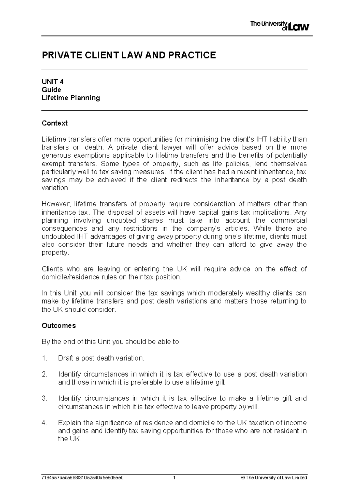 Lifetime Planning Guide - PRIVATE CLIENT LAW AND PRACTICE UNIT 4 Guide ...