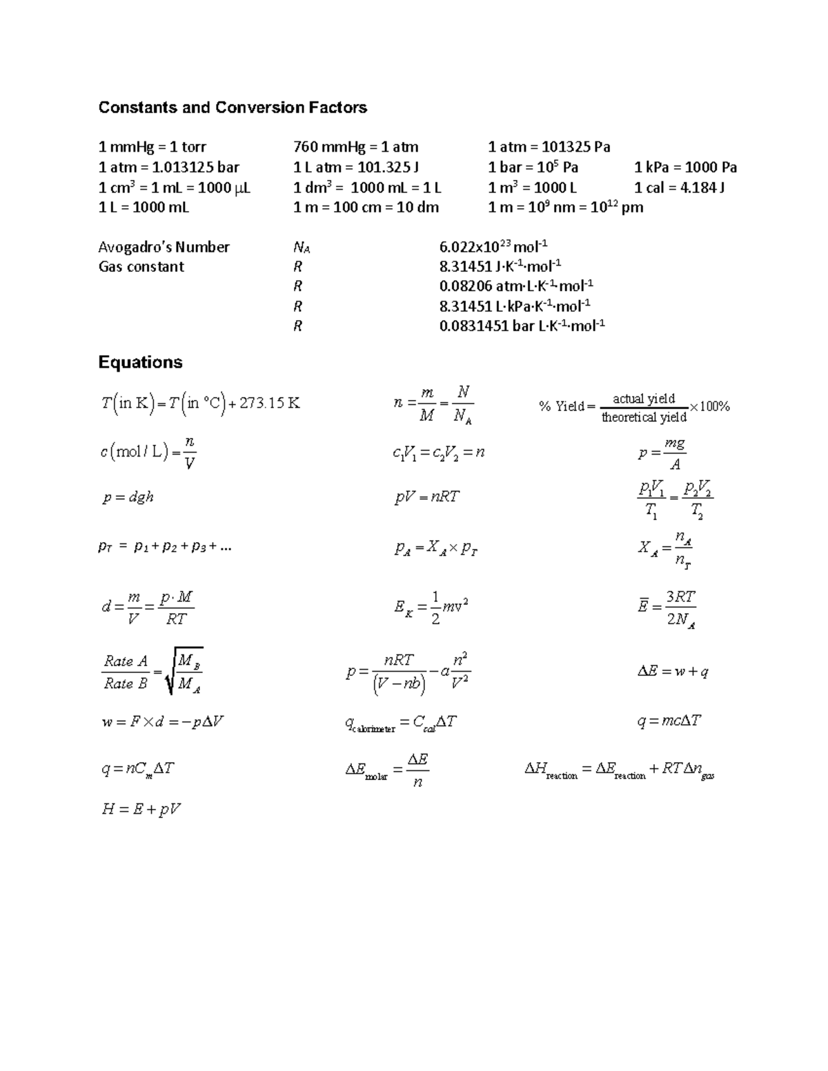 Equation sheet (midterm 1) - Constants and Conversion Factors 1 mmHg ...