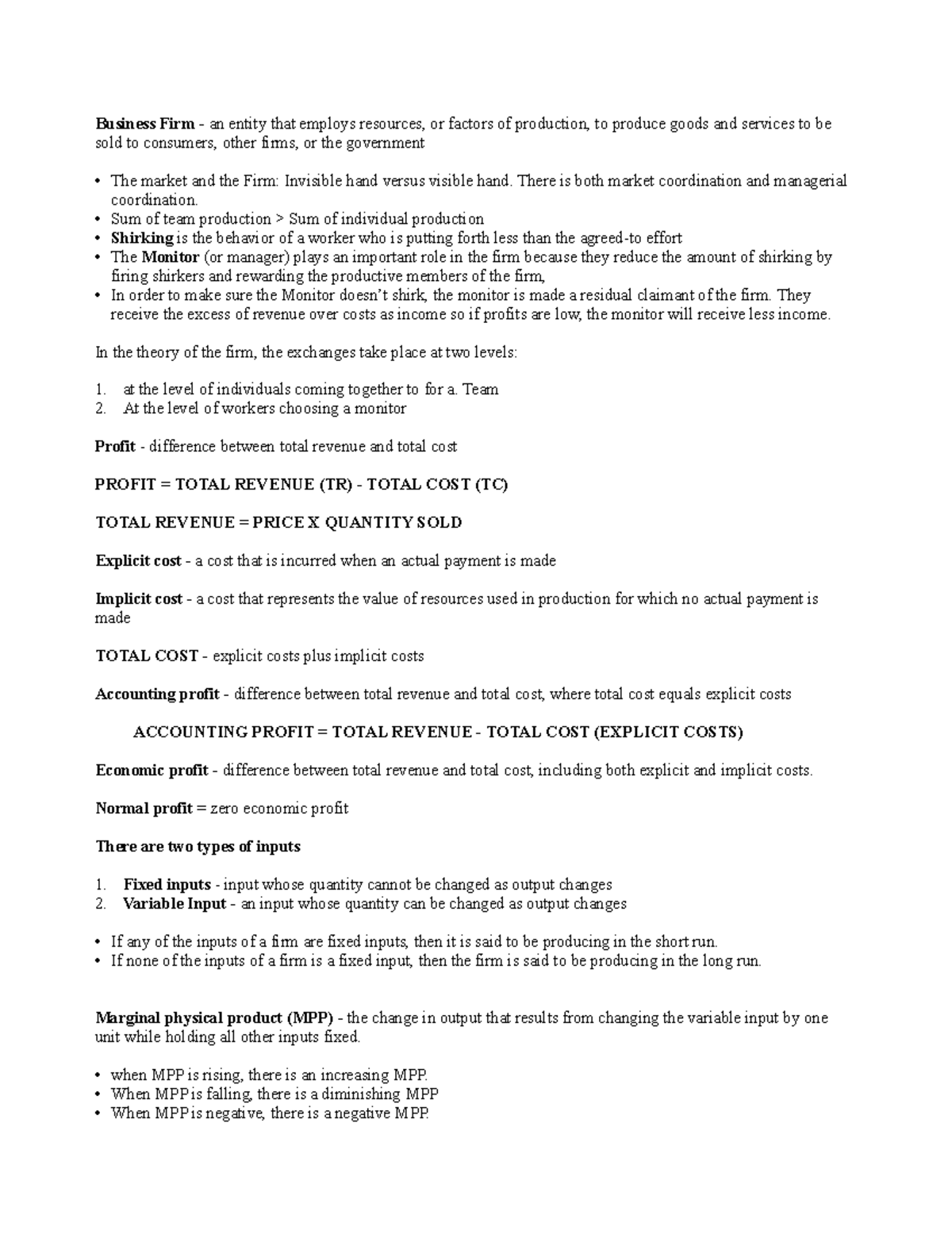 Chapter 8 - Notes over production and costs - Business Firm - an entity ...