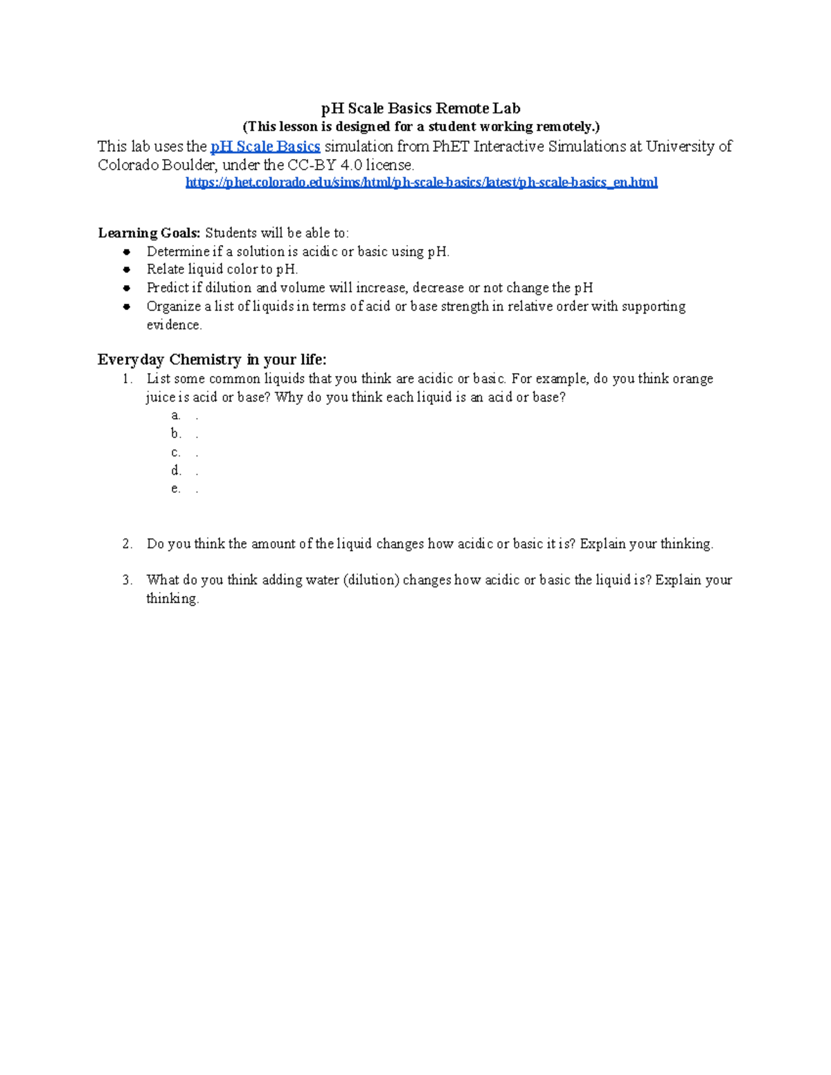 P H Scale Basics Practice worksheet pH Scale Basics Remote Lab
