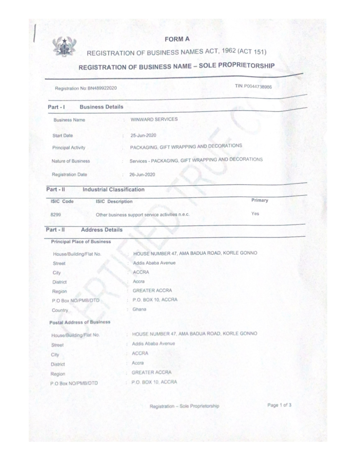 Registration OF Business Names ACT, 1962 (ACT 151) - FORM A ...