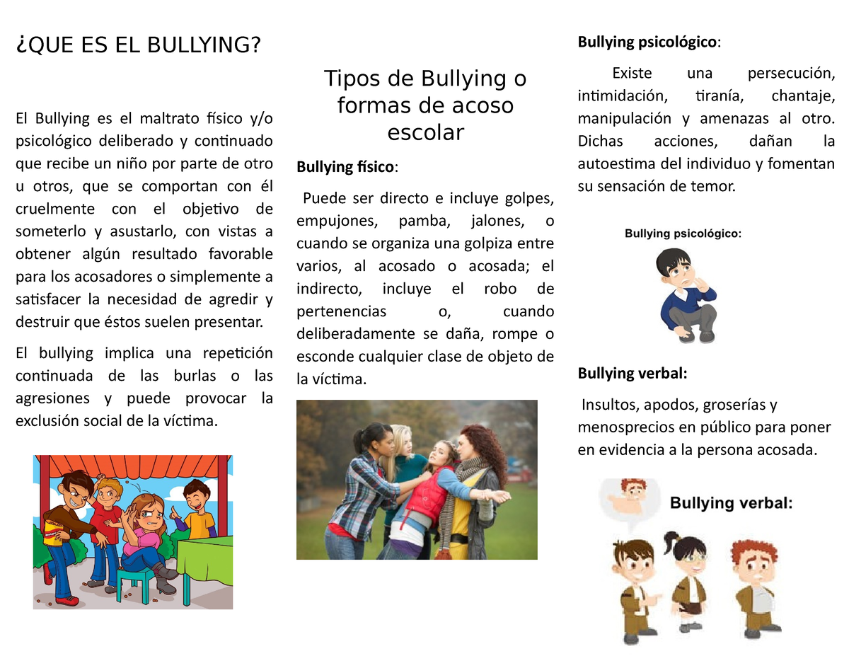 Triptico Del Bullying 2 ¿que Es El Bullying El Bullying Es El Maltrato Físico Yo Psicológico 5445